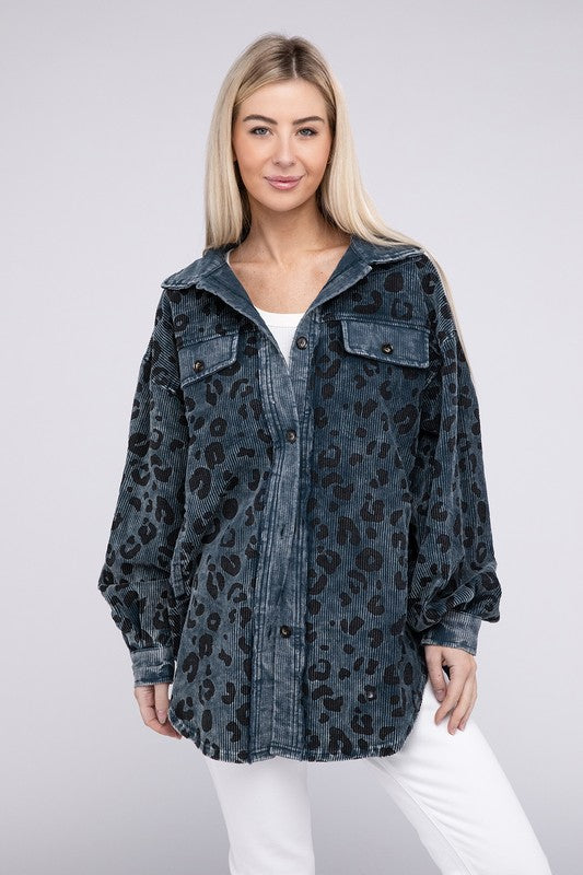 Women Vintage Washed Leopard Corduroy Buttoned Jacket | Zarnesh