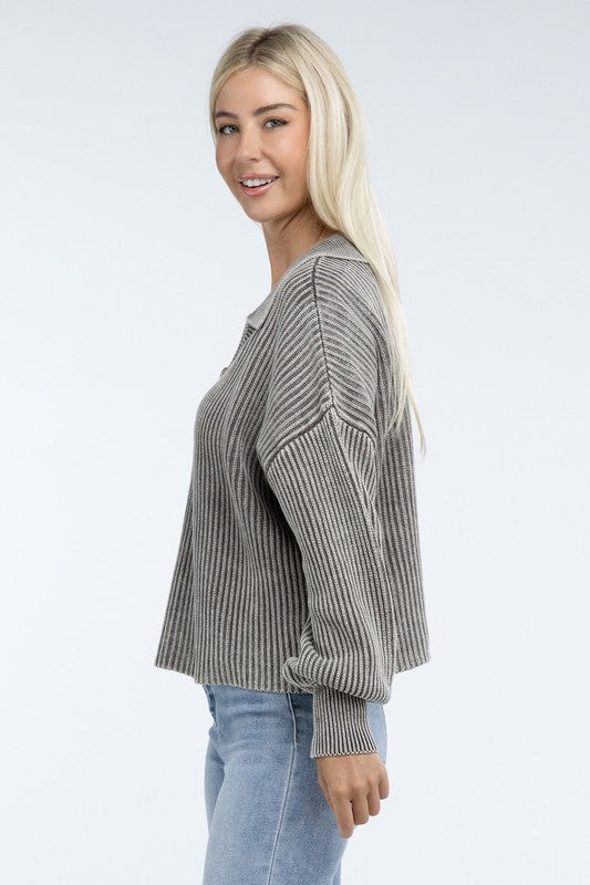 Women’s Washed Collared Henley Sweater | Zarnesh