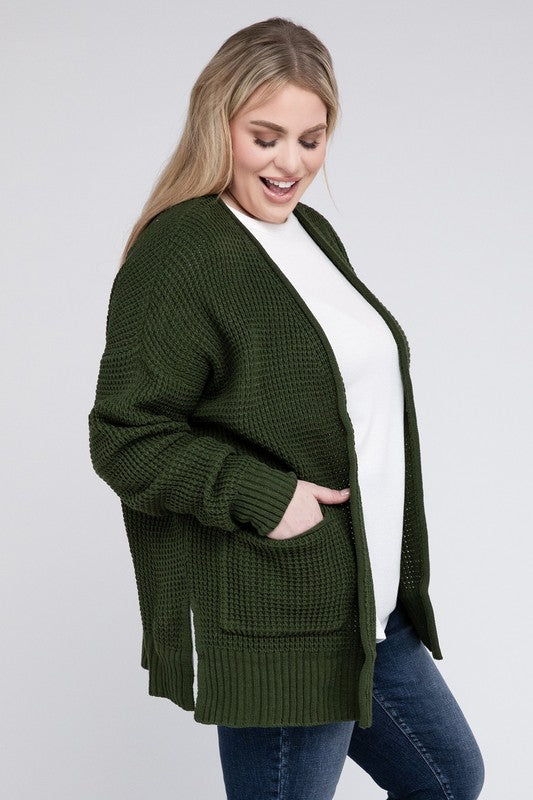 Women Plus Low Gauge Waffle Open Cardigan Sweater | Zarnesh