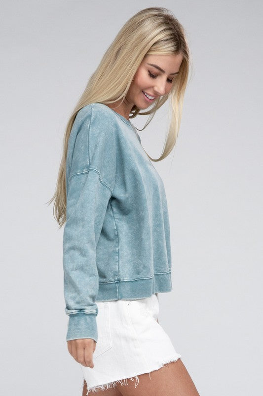  Women's  French Terry Acid Wash Boat Neck Pullover | Zarnesh