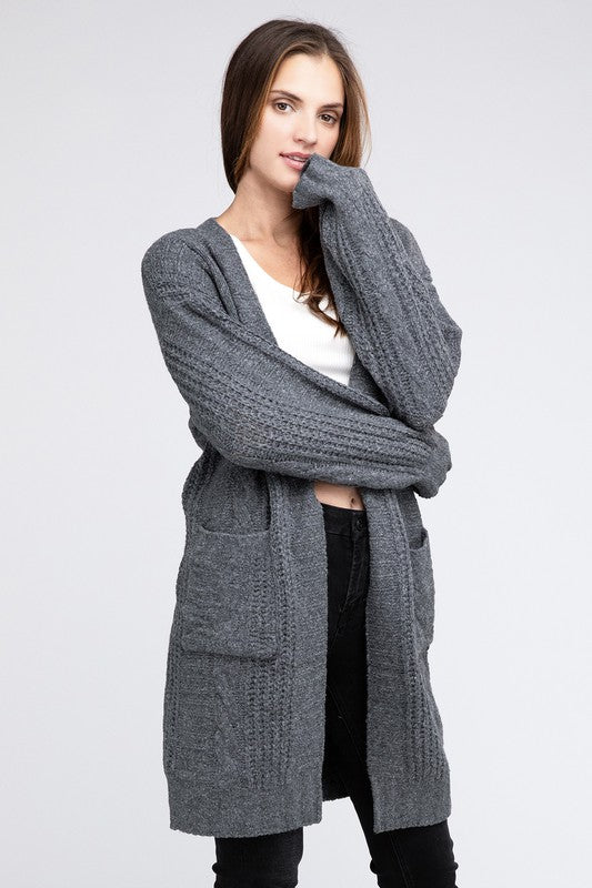 Women Twist Knitted Open Front Cardigan with Pockets | Zarnesh