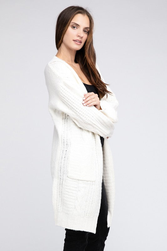 Women Twist Knitted Open Front Cardigan with Pockets | Zarnesh