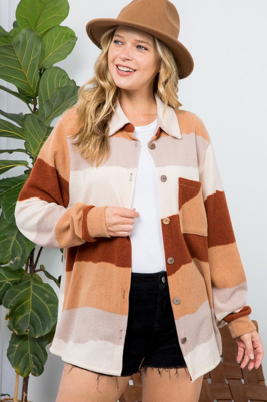 Women Plus Fuzzy Stripe Button Down Shacket | Zarnesh