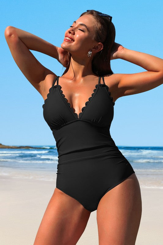 Women Scalloped V Neck Cut Out Monokini Swimwear | Zarnesh