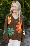 Women Flower Pattern V Neck Drop Loose Fit Shoulder Sweater Zarnesh