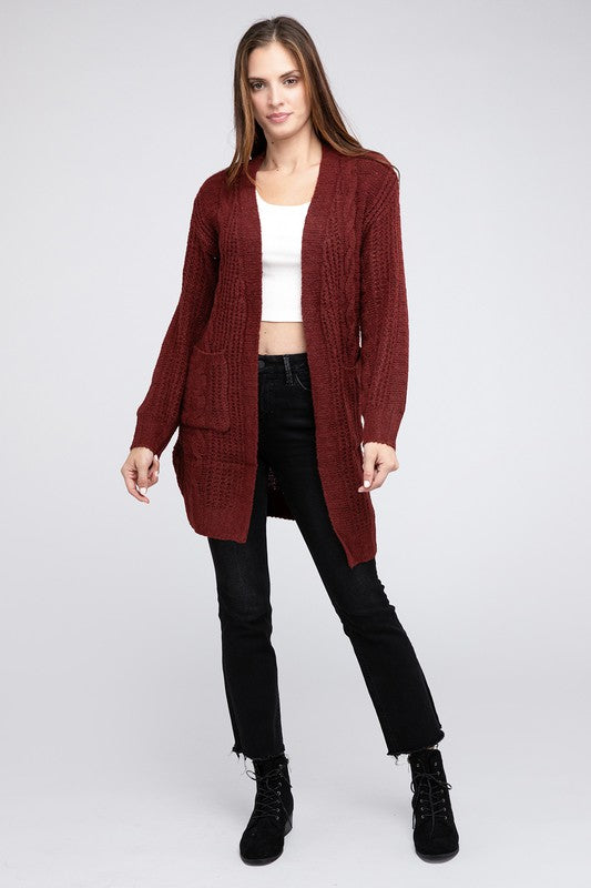 Women Twist Knitted Open Front Cardigan with Pockets | Zarnesh