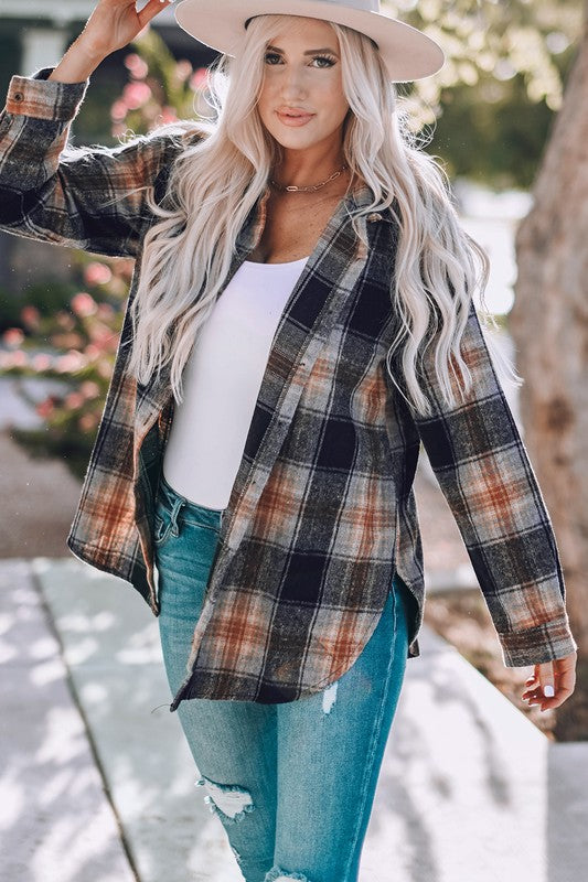 Women Oversized Rounded Hem Plaid Shacket with Slits Zarnesh