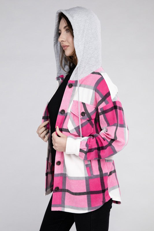 Women Plaid Drawstring Hooded Soft Fleece Shacket | Zarnesh