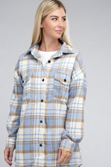 Women Plaid Dropped Shoulder Buttons Flap Pocket Shacket Zarnesh