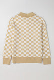 Women Knitted Checkered Buttons V Neck Drop Shoulder Sweater Zarnesh