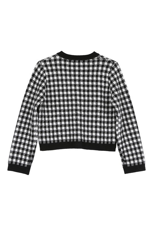 Women Black Check Knitted Jacket | Zarnesh