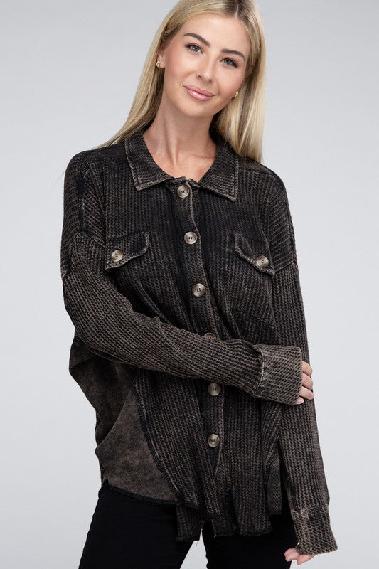 Women Acid Wash  Front Button Oversized Cotton Waffle Shacket Zarnesh 