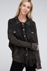 Women Acid Wash  Front Button Oversized Cotton Waffle Shacket Zarnesh 