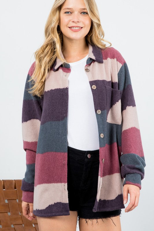 Women Plus Fuzzy Stripe Button Down Shacket | Zarnesh