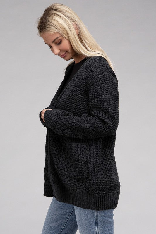 Women Low Gauge Waffle Open Cardigan Sweater | Zarnesh