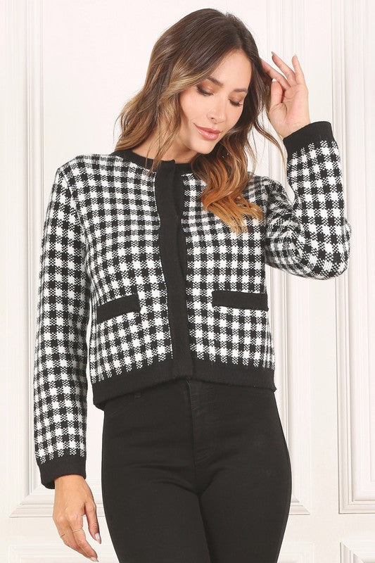 Women Black Check Knitted Jacket | Zarnesh