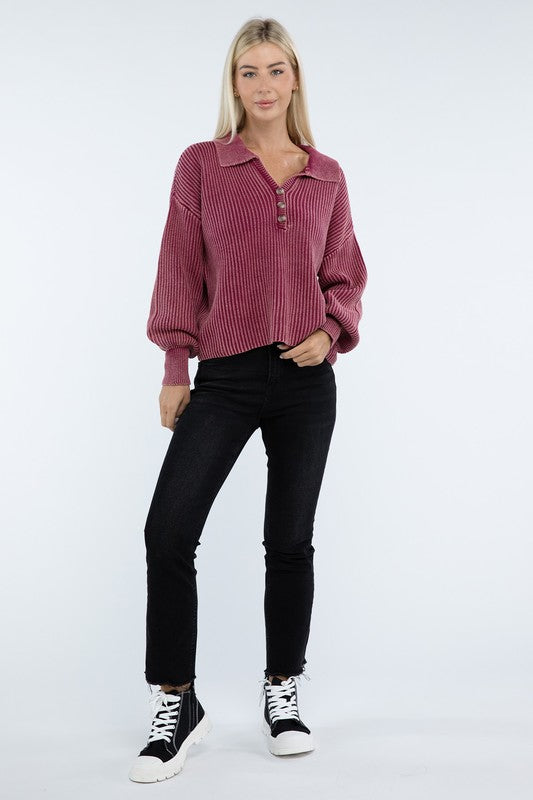 Women’s Washed Collared Henley Sweater | Zarnesh

