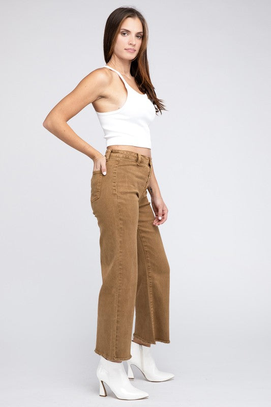 WOMEN'S Acid Wash Frayed Cutoff Hem Straight Wide Pants | ZARNESH