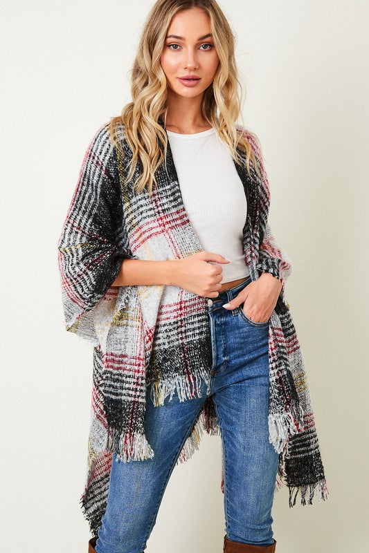 Women Multi Color Plaid Fringe Trim Poncho Shawl | Zarnesh