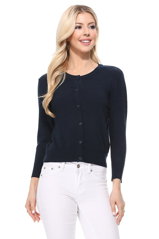 Women Crew Neckline Button Down Cardigan Sweater 3/4 sleeve Zarnesh