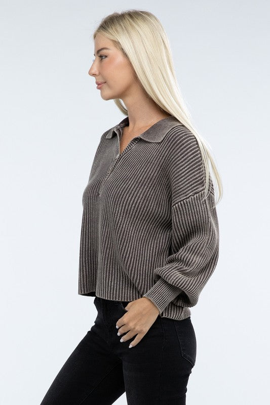 Women’s Washed Collared Henley Sweater | Zarnesh