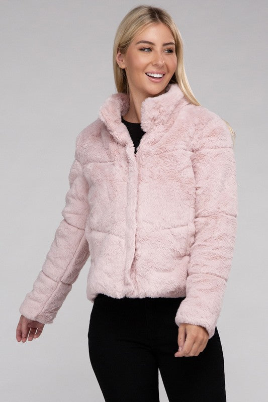 Women Fluffy Zip-Up Functional Pockets Sweater Jacket | Zarnesh