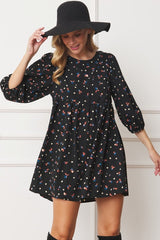Women Abstract Polka Dot Bishop Sleeve Mini Baby Doll Dress Zarnesh