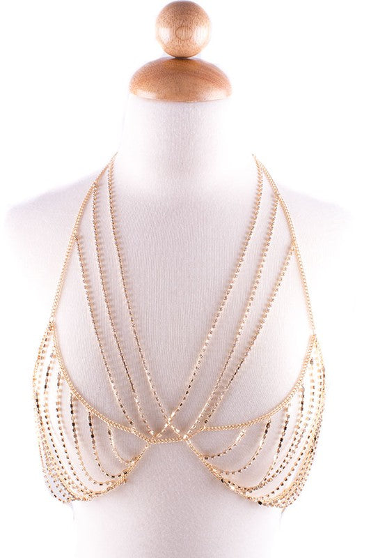 Women Gold Bralette V Neck Body Chain Rhinestone Body Jewelry Zarnesh