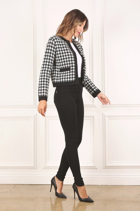 Women Black Check Knitted Jacket | Zarnesh