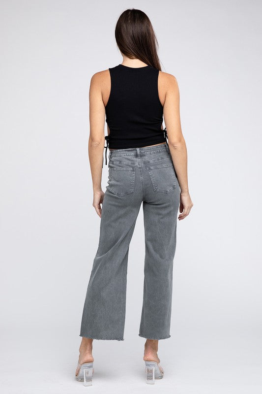 WOMEN'S Acid Wash Frayed Cutoff Hem Straight Wide Pants | ZARNESH