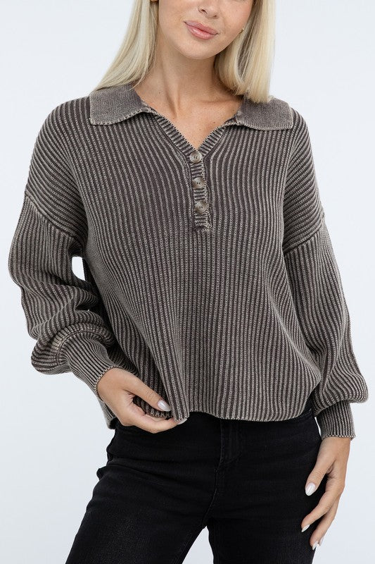 Women’s Washed Collared Henley Sweater | Zarnesh