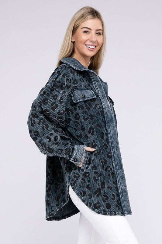 Women Vintage Washed Leopard Corduroy Buttoned Jacket | Zarnesh
