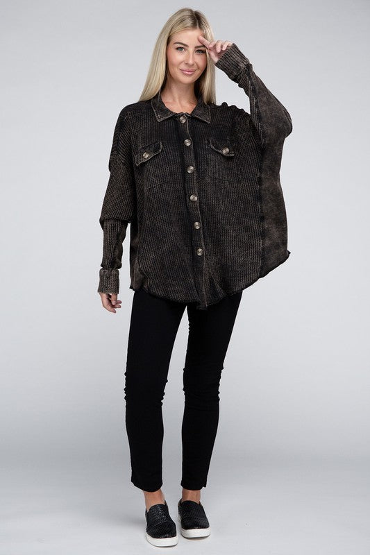 Women Acid Wash  Front Button Oversized Cotton Waffle Shacket Zarnesh 