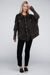 Women Acid Wash  Front Button Oversized Cotton Waffle Shacket Zarnesh 