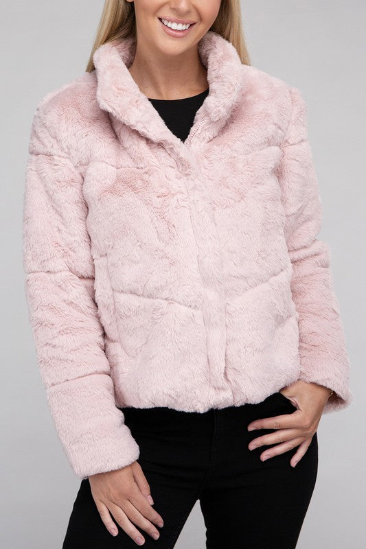 Women Fluffy Zip-Up Functional Pockets Sweater Jacket | Zarnesh