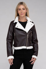 Women Plush Teddy Trimmed PU Jacket | Zarnesh