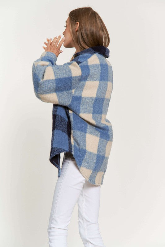 Women Plaid Chest Pocket Detail Shacket - Blue Multi  | Zarnesh