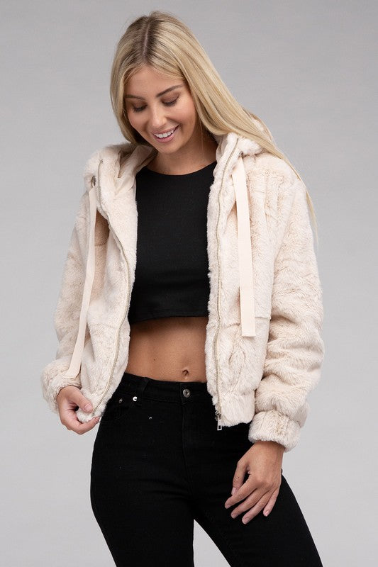 Women Fluffy Texture Zip-Up Teddy Hoodie Sweater | Zarnesh