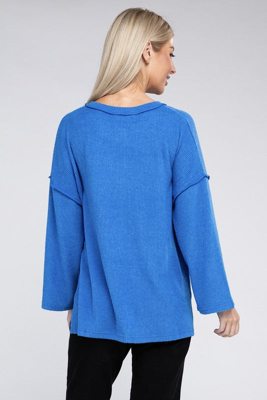 Women Ribbed Brushed Melange Hacci Henley Sweater | Zarnesh