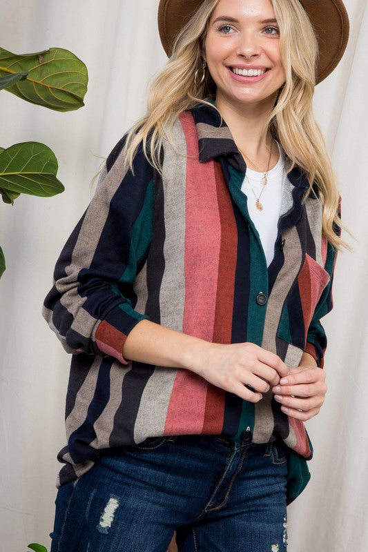 Women Cozy Stripe Button Down Shacket | Zarnesh