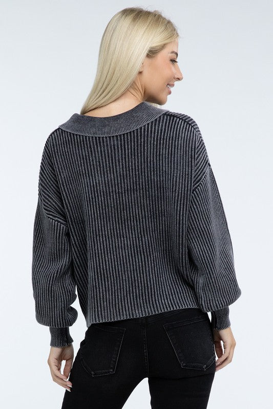 Women’s Washed Collared Henley Sweater | Zarnesh