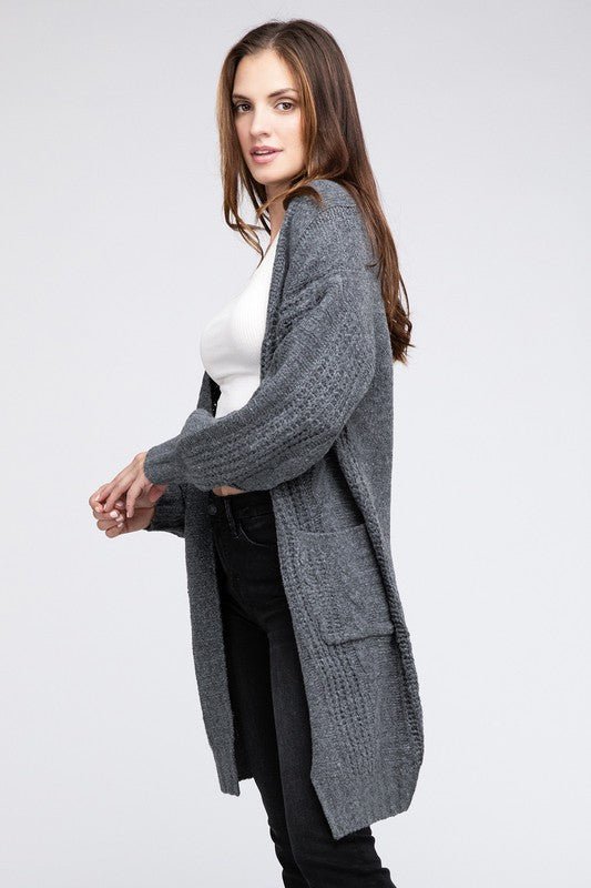 Women Twist Knitted Open Front Cardigan with Pockets | Zarnesh