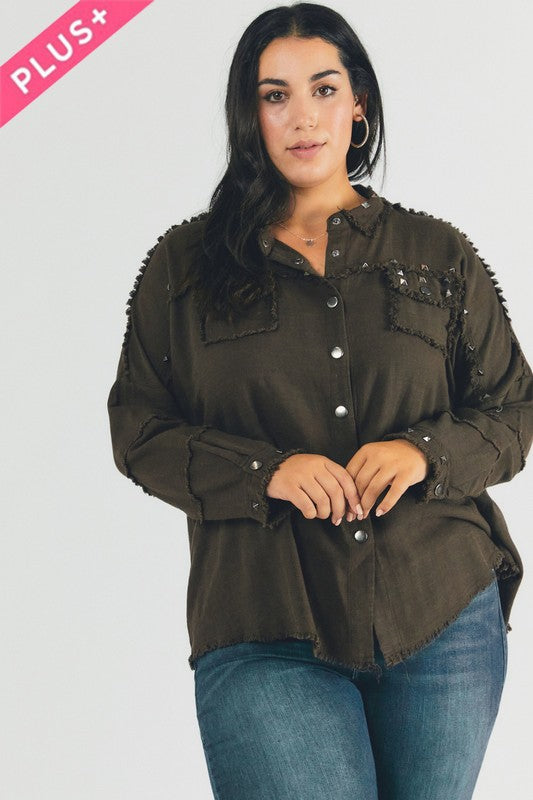 Women’s Plus Distressed Hem Button Down Oversize Shirt | Zarnesh