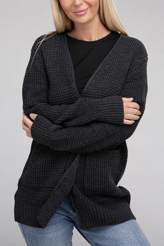 Women Low Gauge Waffle Open Cardigan Sweater | Zarnesh