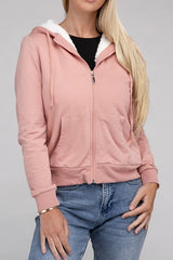 Women Fuzzy Trim Zip-Up Crop Sweater-Style Hoodie | Zarnesh