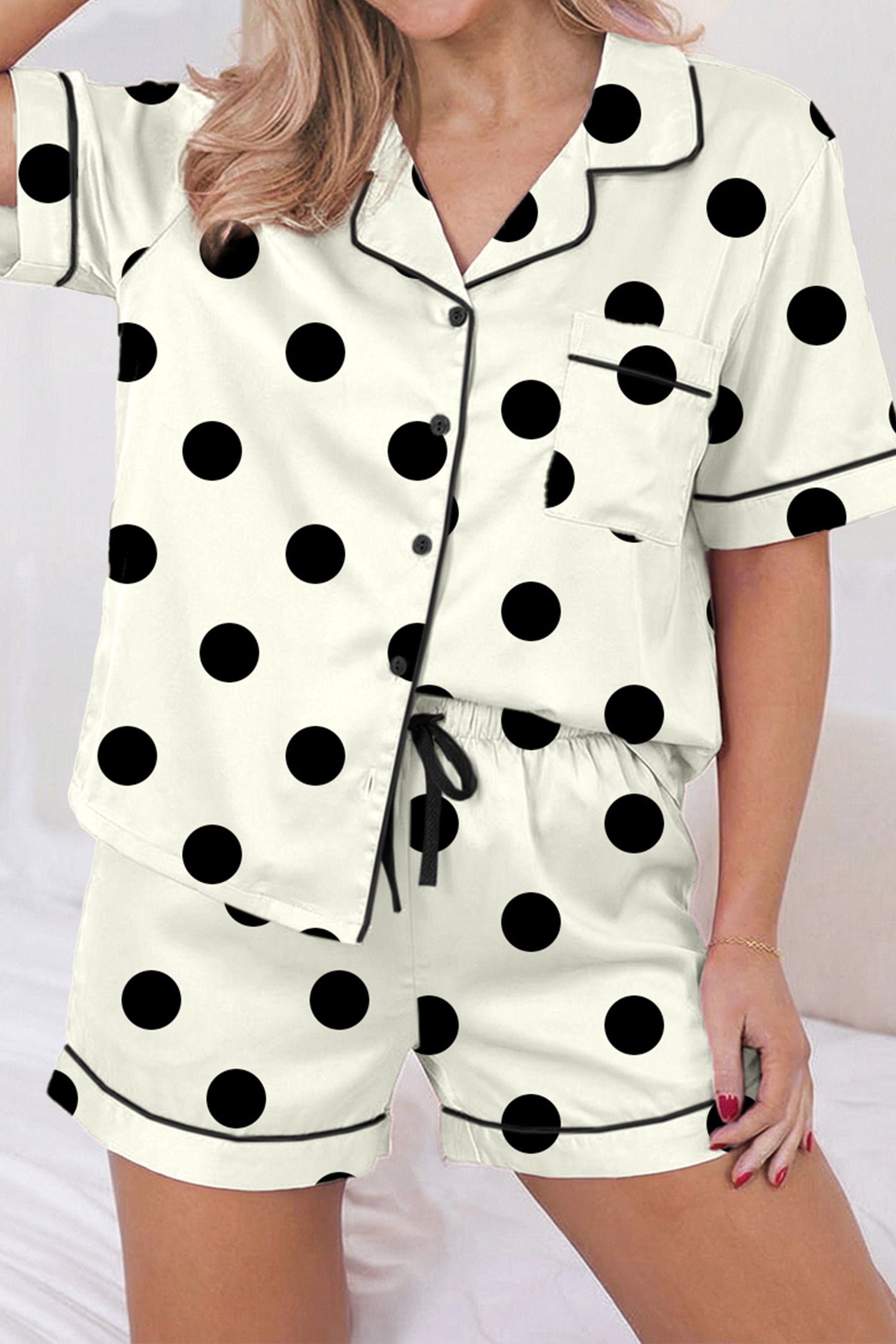 Beige Camouflage Print Lapel Shirt Drawstring 2pcs Short Pajama Set