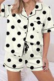 Beige Camouflage Print Lapel Shirt Drawstring 2pcs Short Pajama Set