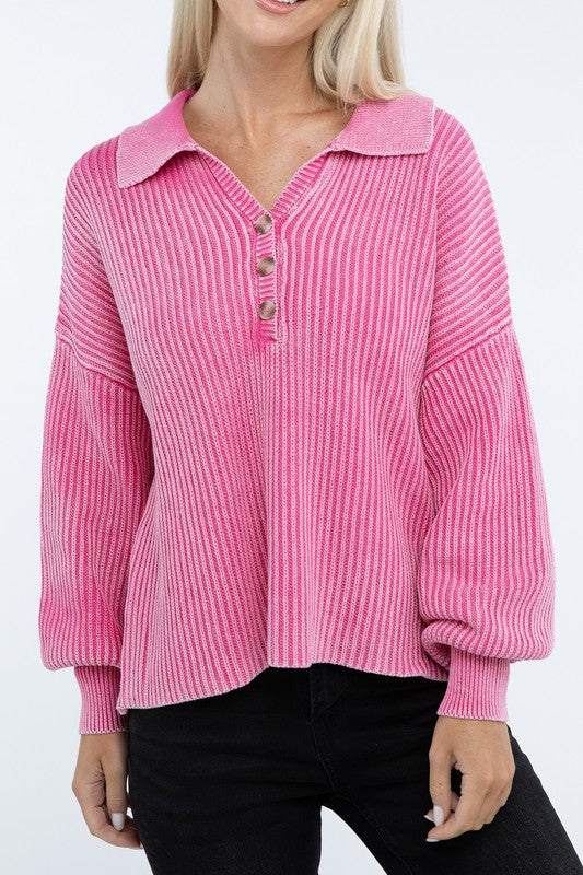 Women’s Washed Collared Henley Sweater | Zarnesh

