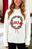 White Christmas Wreath Pattern Round Neck Casual Sweater