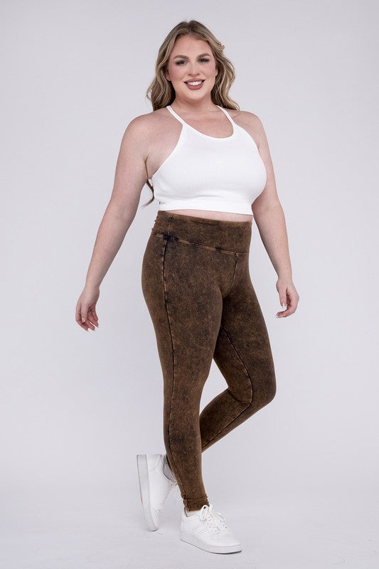 Women Plus Mineral Washed Wide Waistband Fitted Yoga Leggings Zarnesh